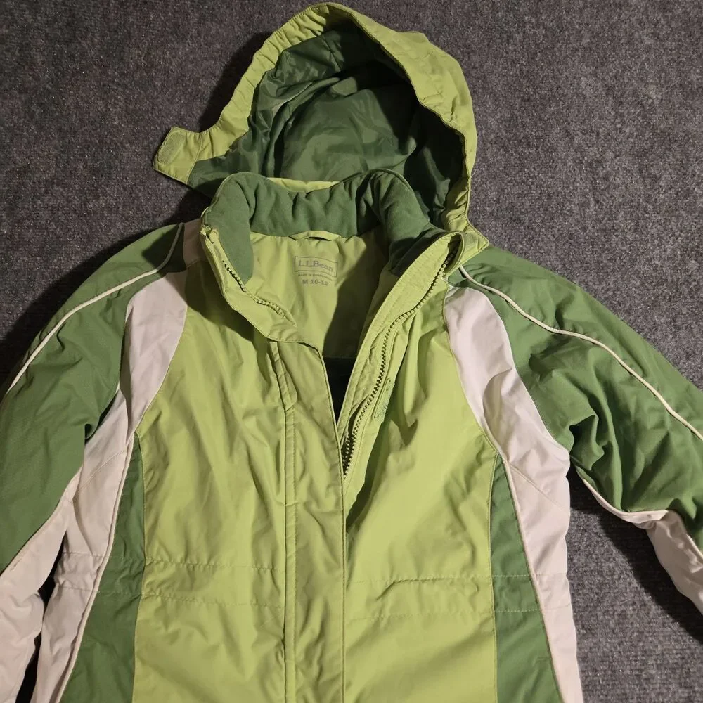 LL Bean Hooded Winter Ski Jacket Green Kids Medium 10-12 Full Zip Pockets